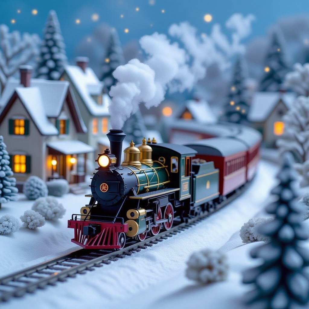 Toy Steam Train Travels Through Charming Snowy Village