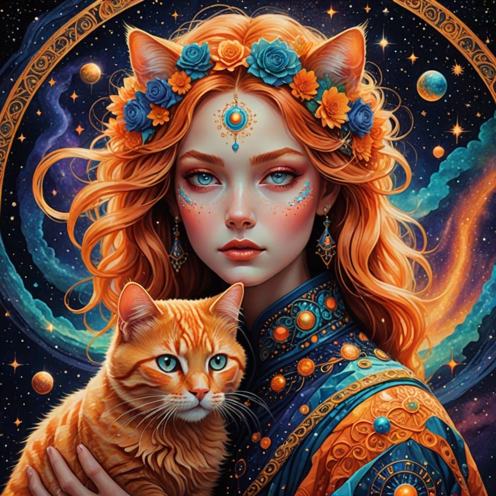 Cosmic Goddess Holding Furry Orange Companion in Vibrant Ast...