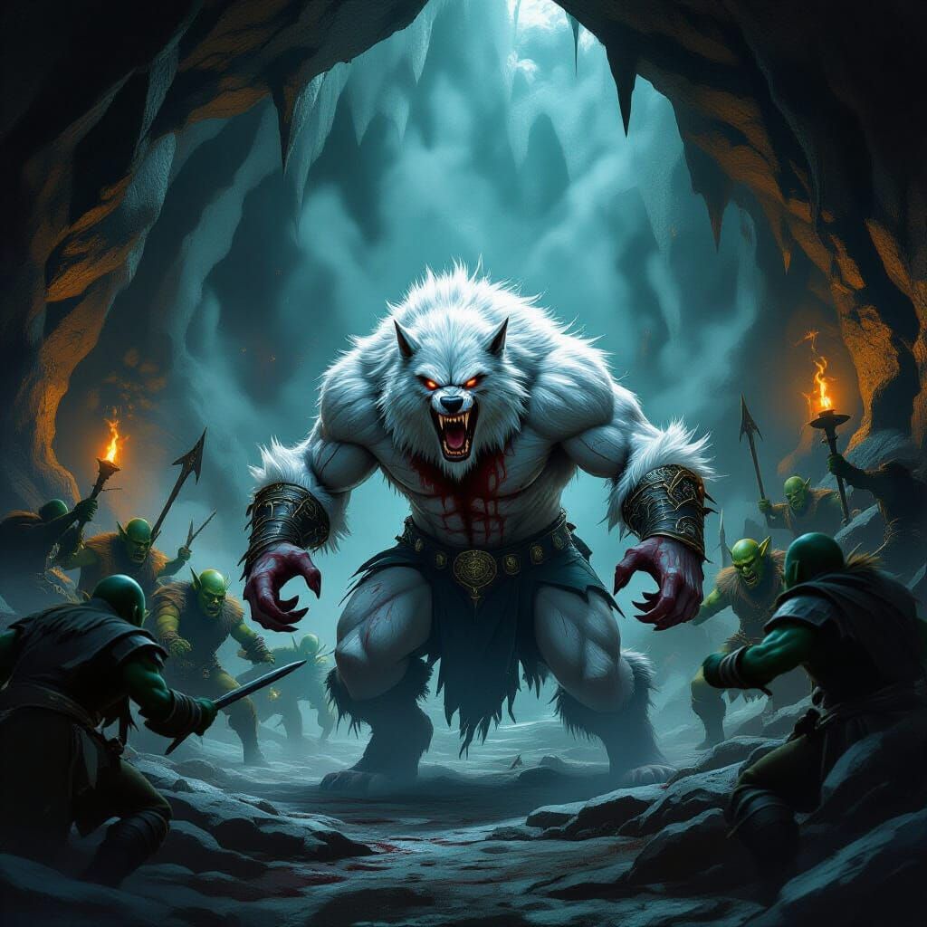 White Werewolf Battles Goblins and Orcs in Dark Cave