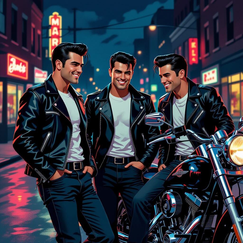 1950s Greasers Gather Near Motorcycle in Neo-Noir Style