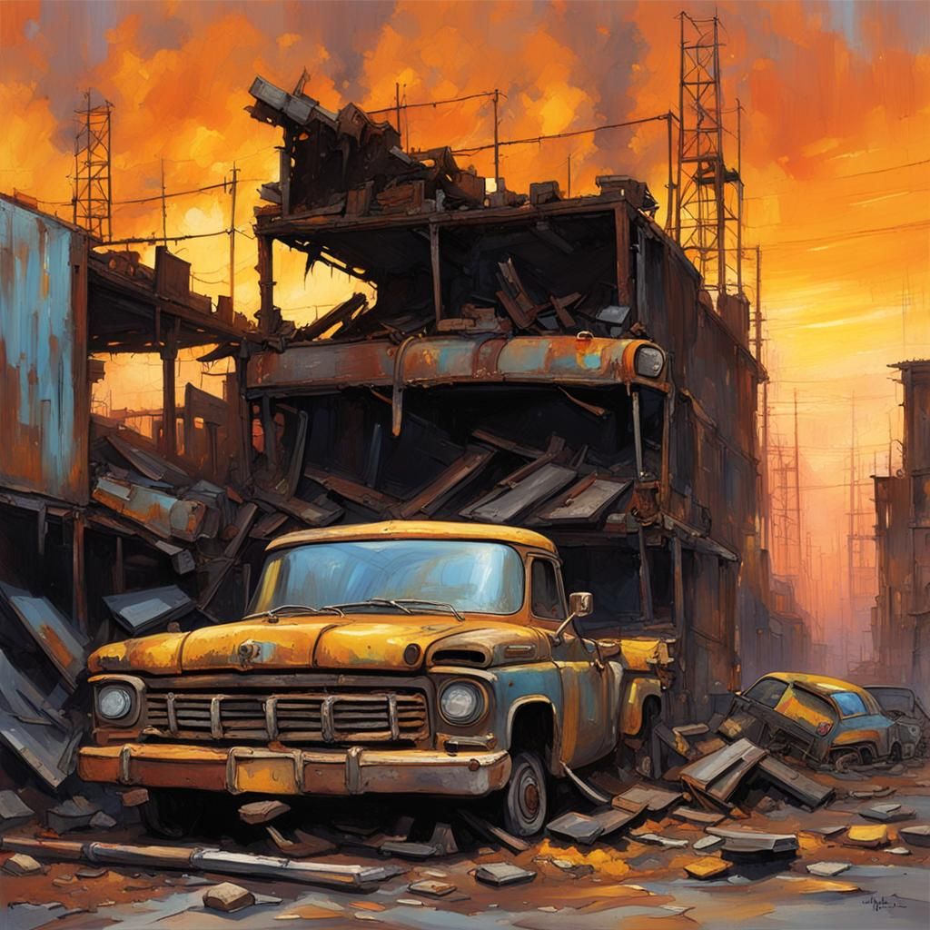 Post-Apocalyptic Junkyard Sunset Fire: Impasto Painting