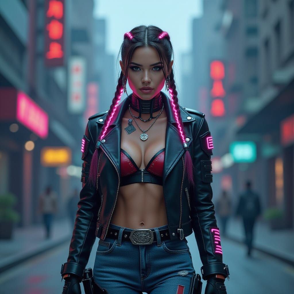 Cyborg Cowgirl Strides Through Metropolis in Cyberpunk Style