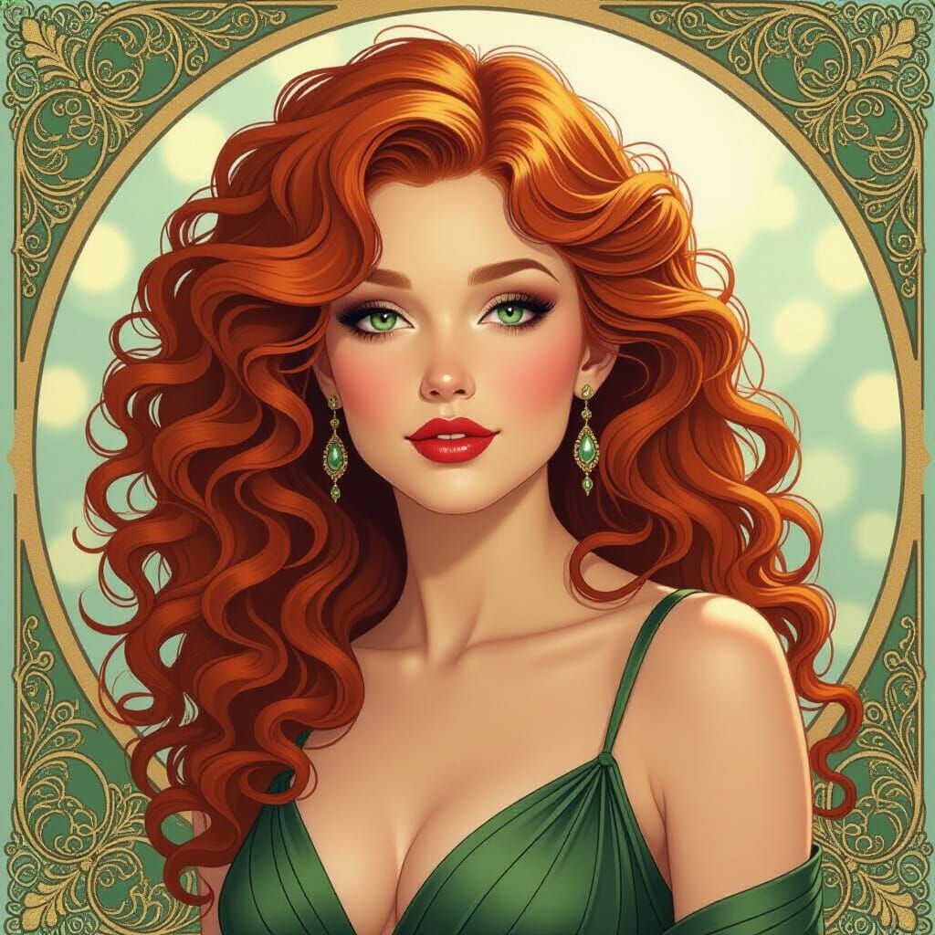 Elegant Woman with Curly Hair in Art Nouveau Style