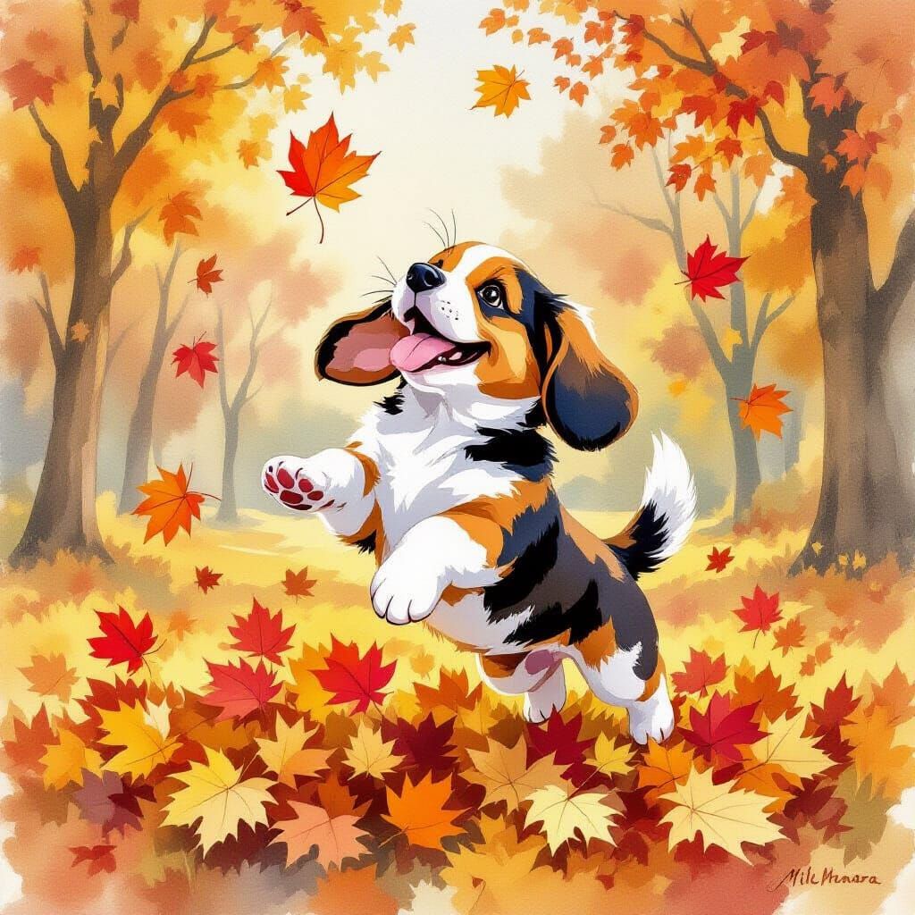 Happy Basset Hound Puppy in Autumn Leaves Watercolor Paintin...