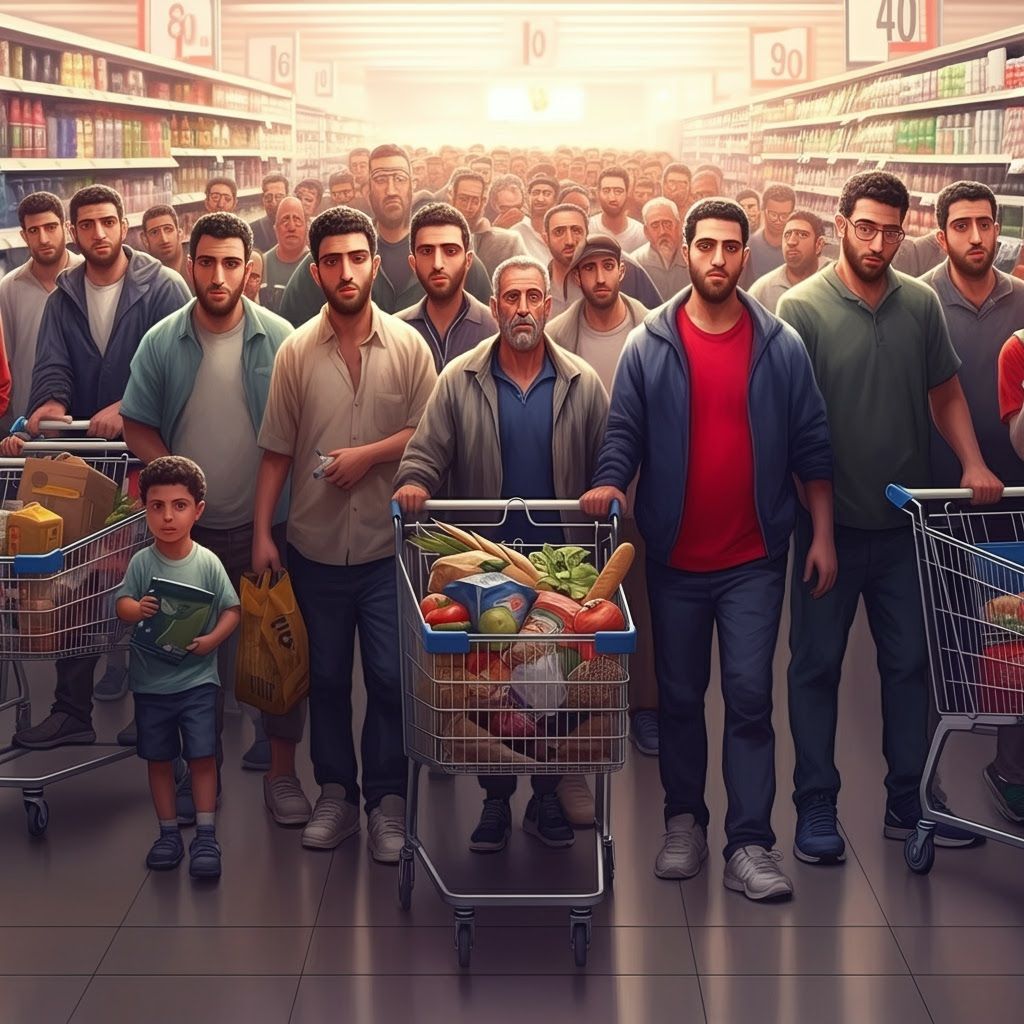 Realistic Digital Painting of Israeli Men in Supermarket Que...