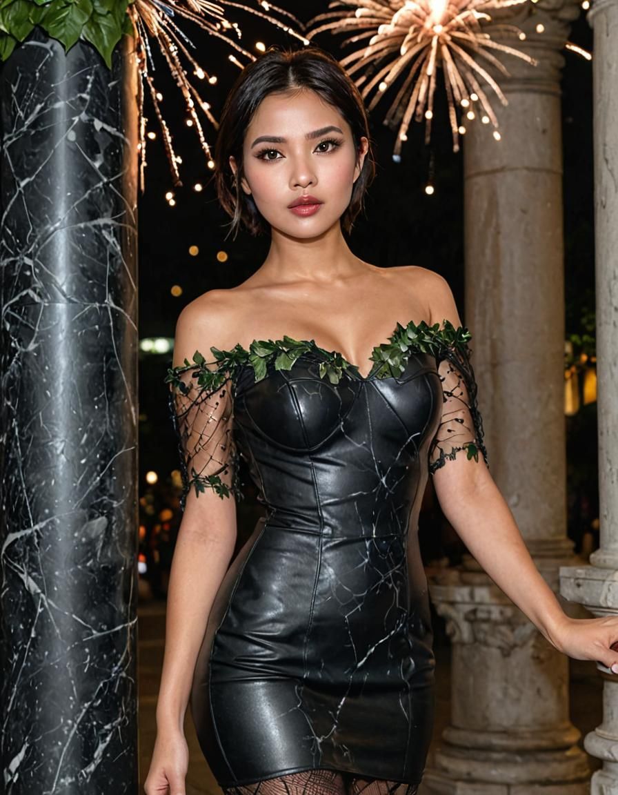 Indonesian Woman by Marble Columns in Fireworks Display