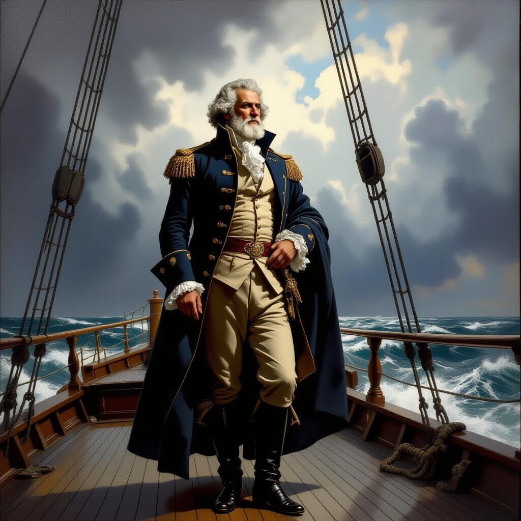 Regal Figure on Ship Deck in Stormy Sky