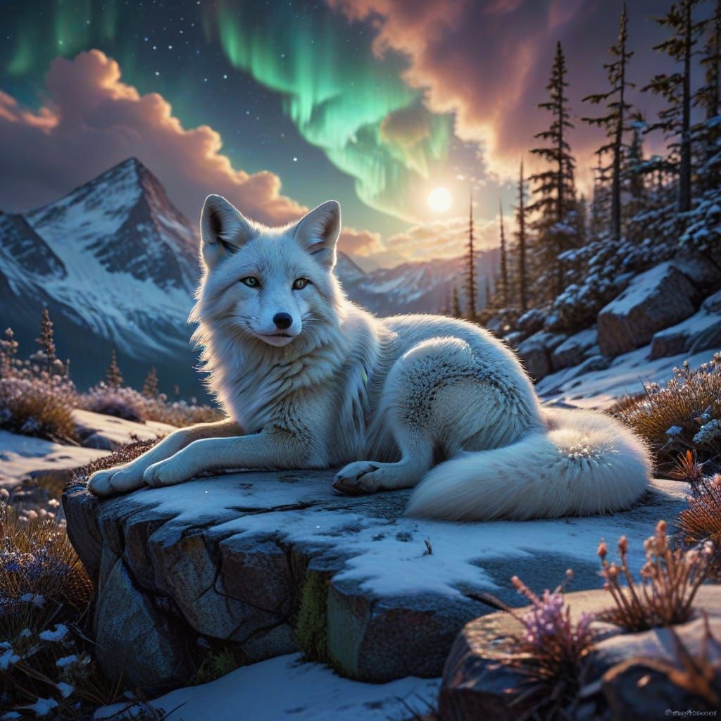 White Fox Resting Under Aurora Borealis in Digital Art