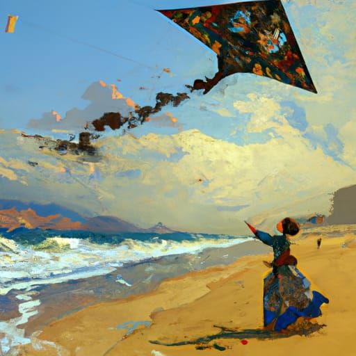 Woman Flying Kite in Art Nouveau Style