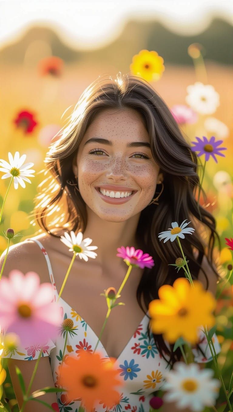 Radiant Woman in Vibrant Floral Wonderland