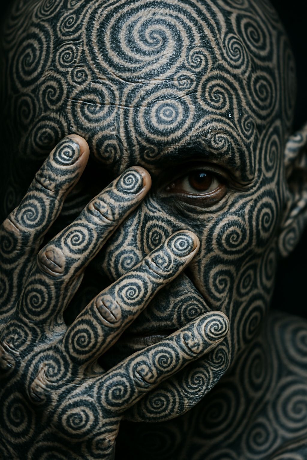 Man With Fractal Tattoos Hides Face