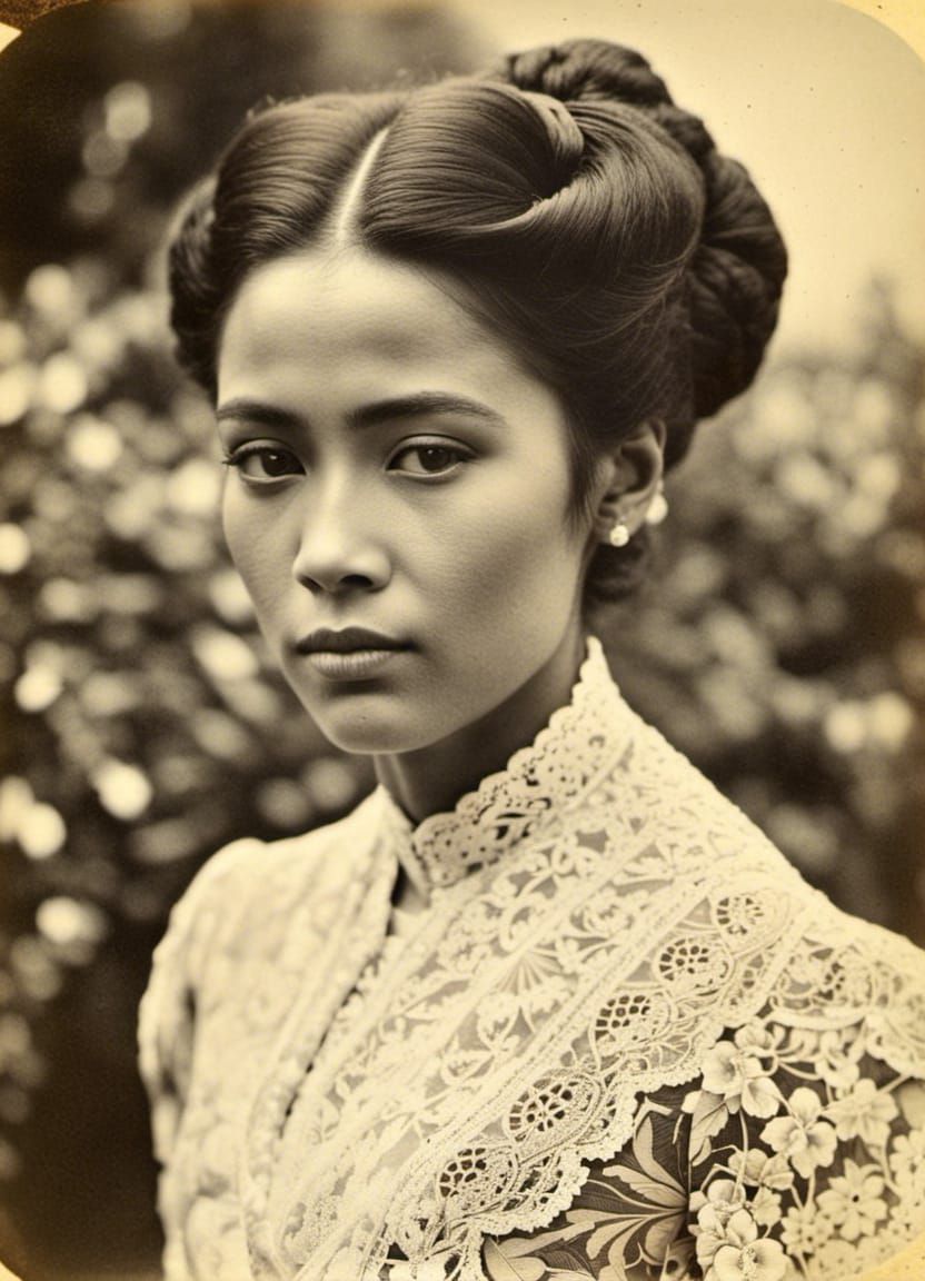 Indonesian Woman in Victorian Dress in Tropical Garden