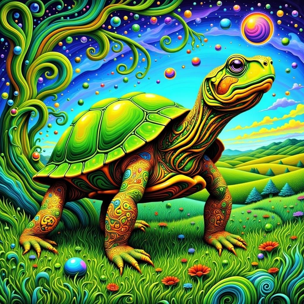 Surreal Tortoise Unfolds in Vibrant Geometric Dreamscape