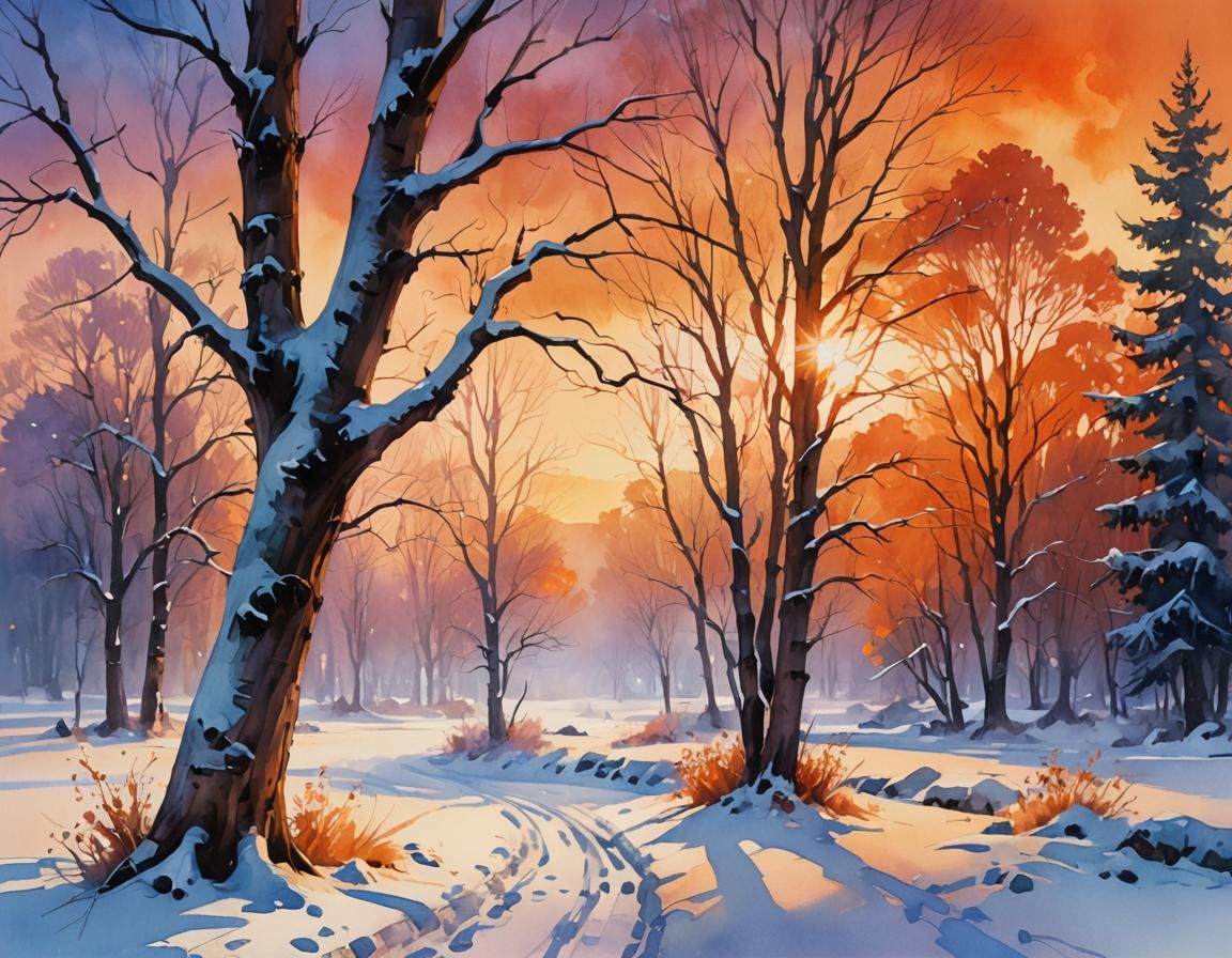 Winterscape Sunset in Digital Watercolor Style