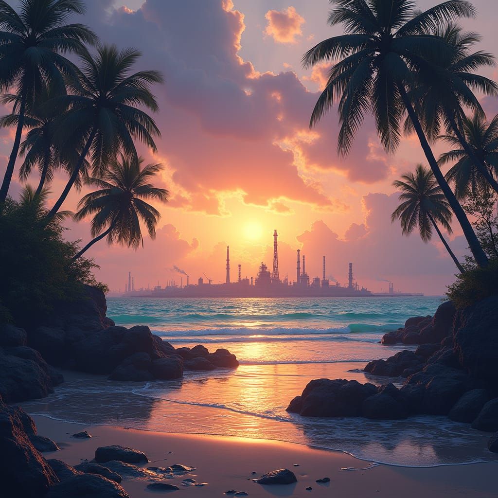 Tropical Beach Sunset with Distant Refinery