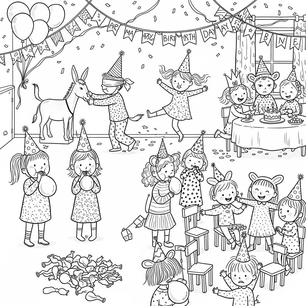 Joyful Black and White Birthday Party Illustration