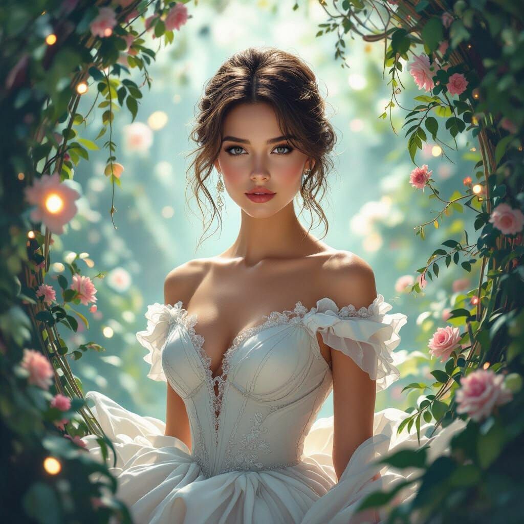 Elegant Woman Surrounded by Ethereal Lights, Digital Matte P...