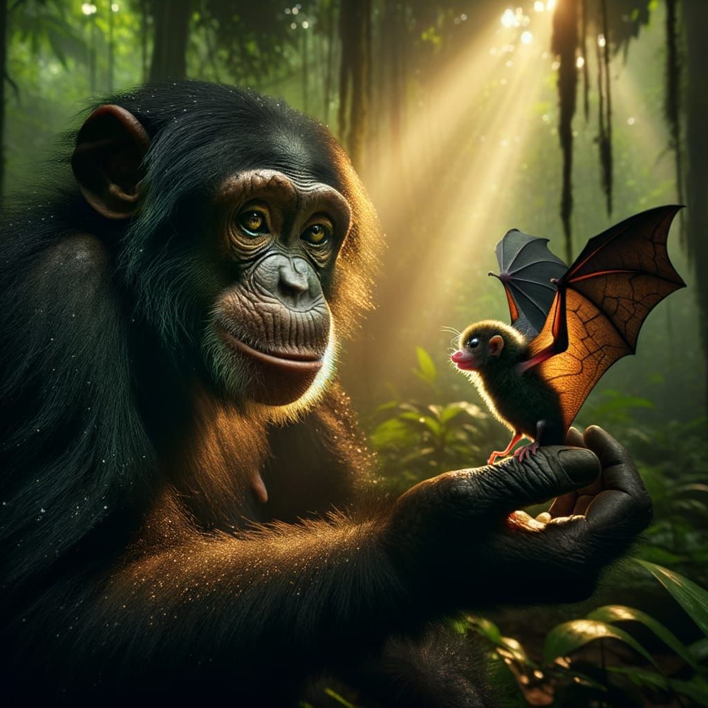 A baby Goblin Bat in hand of a chimp.