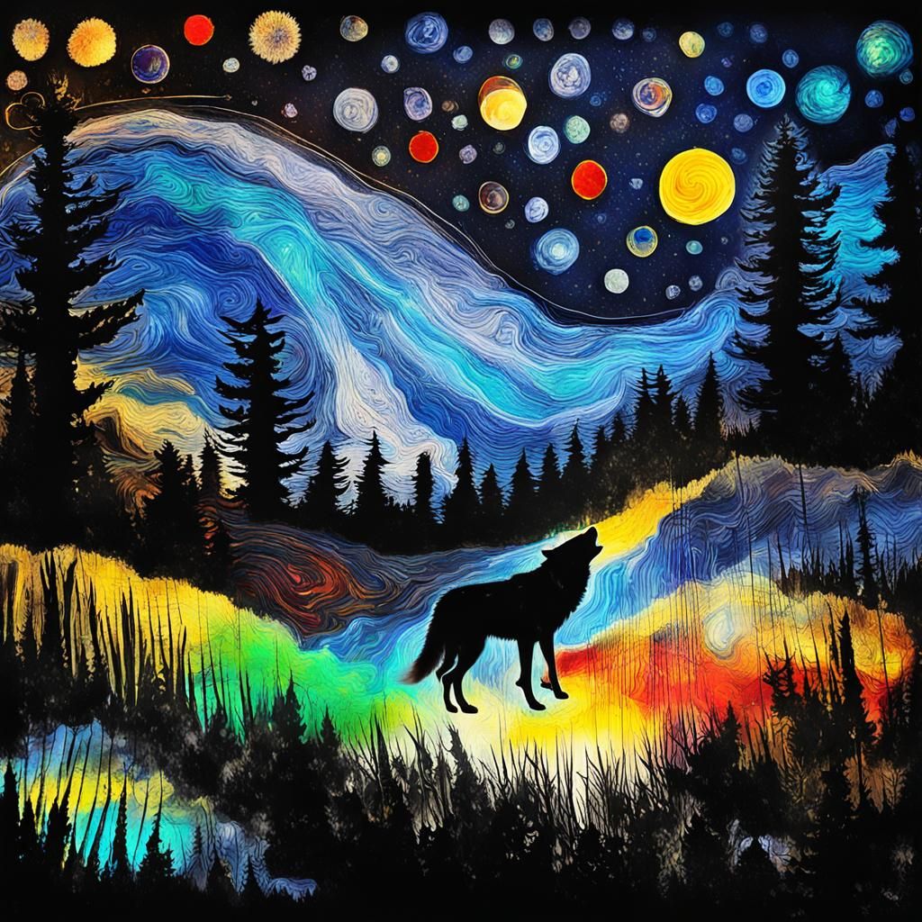 Colorful Wolf in Van Gogh Style with Luminous Fairy