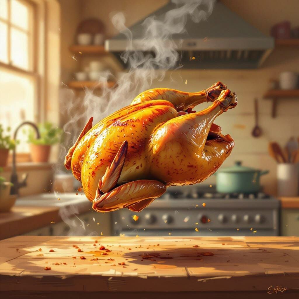 Mid-Air Chicken in Rustic Kitchen, Loose Brushstrokes