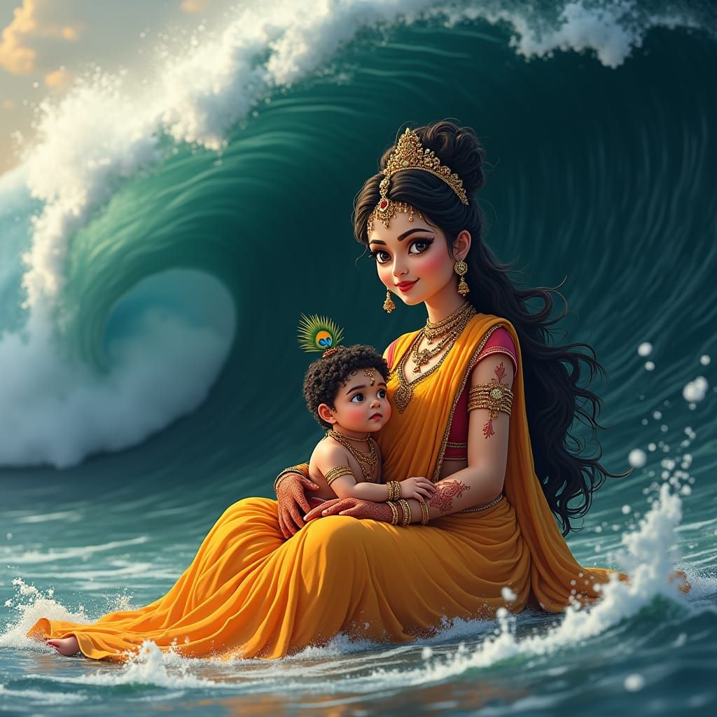 Goddess Mother and Krishna Child Before Giant Wave