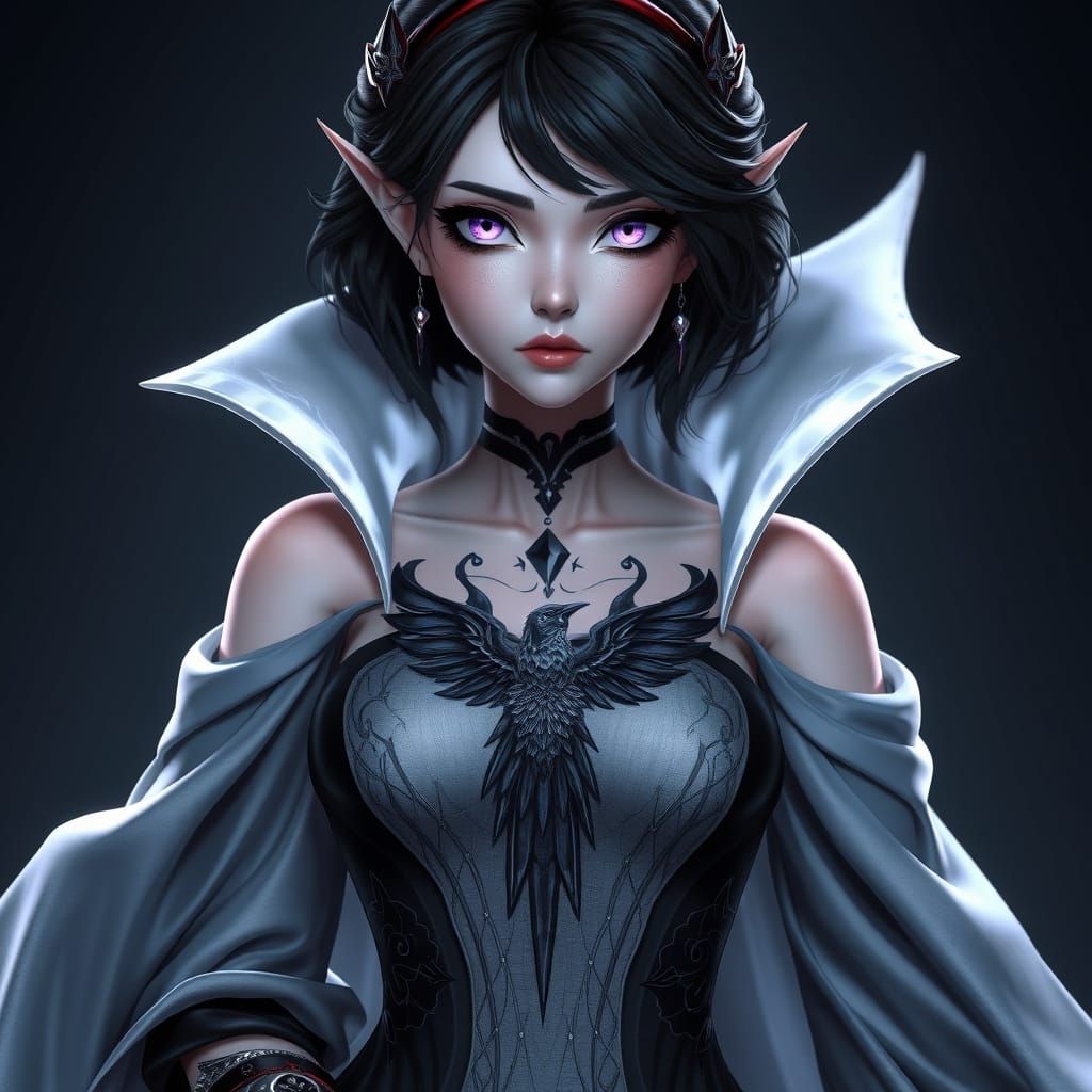 Mystical Elf Maiden with Raven Tattoo and Lavender Eyes