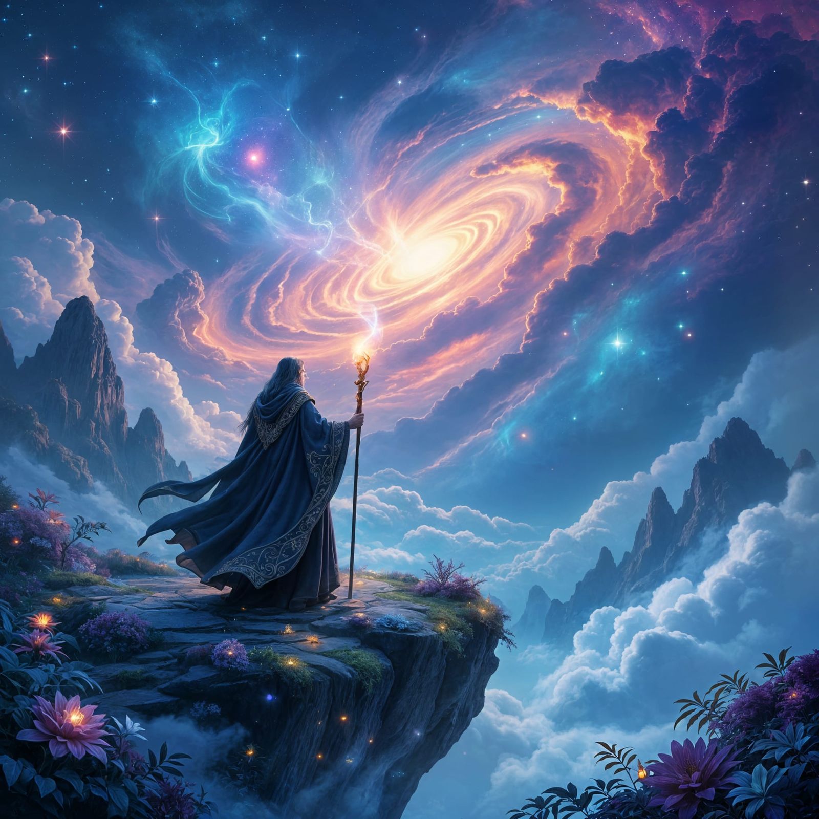 Wizard Gazing at Nebula on Floating Island