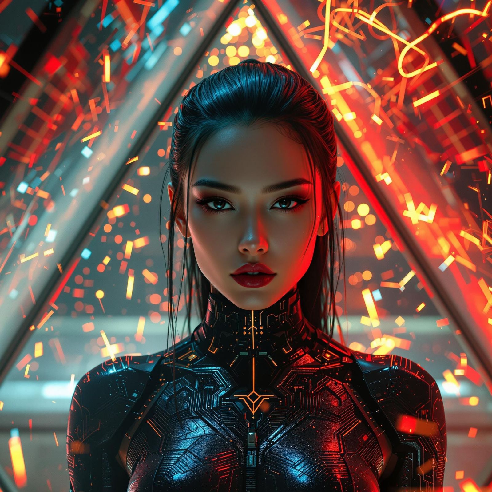 Gleaming Glass Pyramid with a Formidable Asian Woman