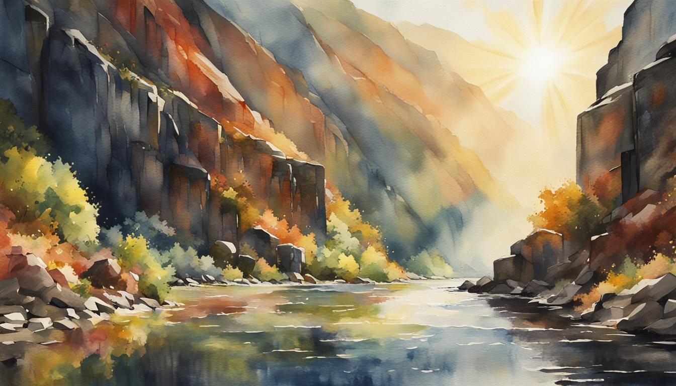 Golden Sunbeam in River Canyon Watercolor