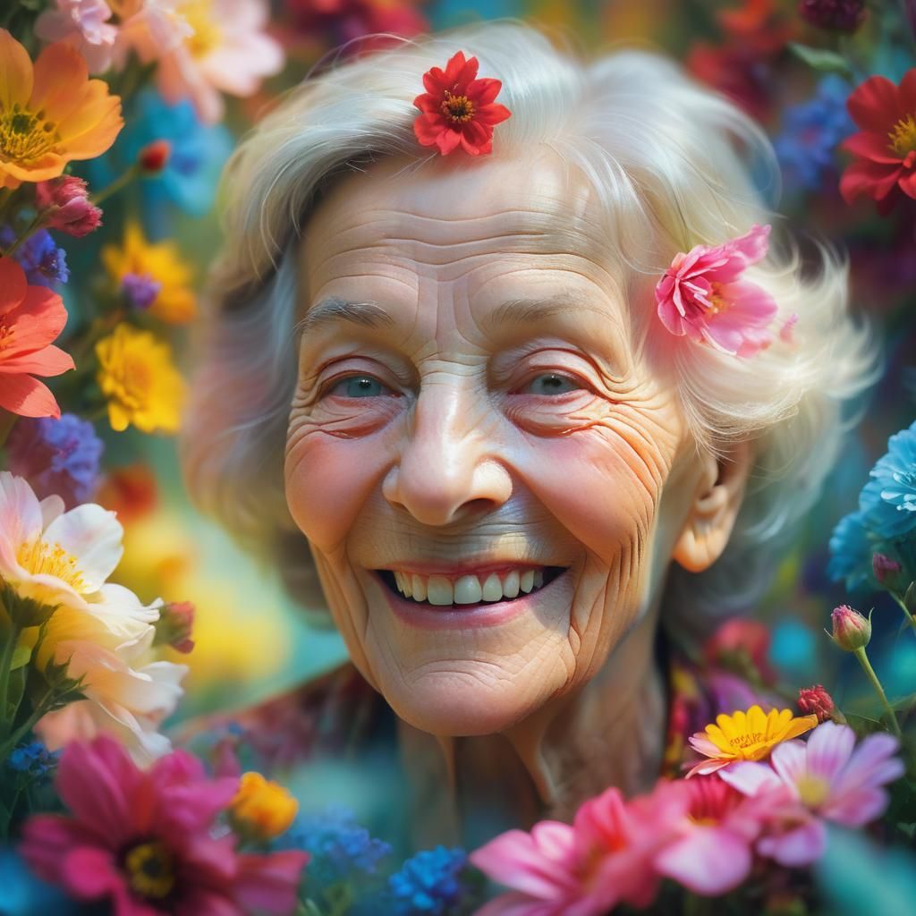 Surrealist Portrait of Smiling Woman Surrounded by Flowers