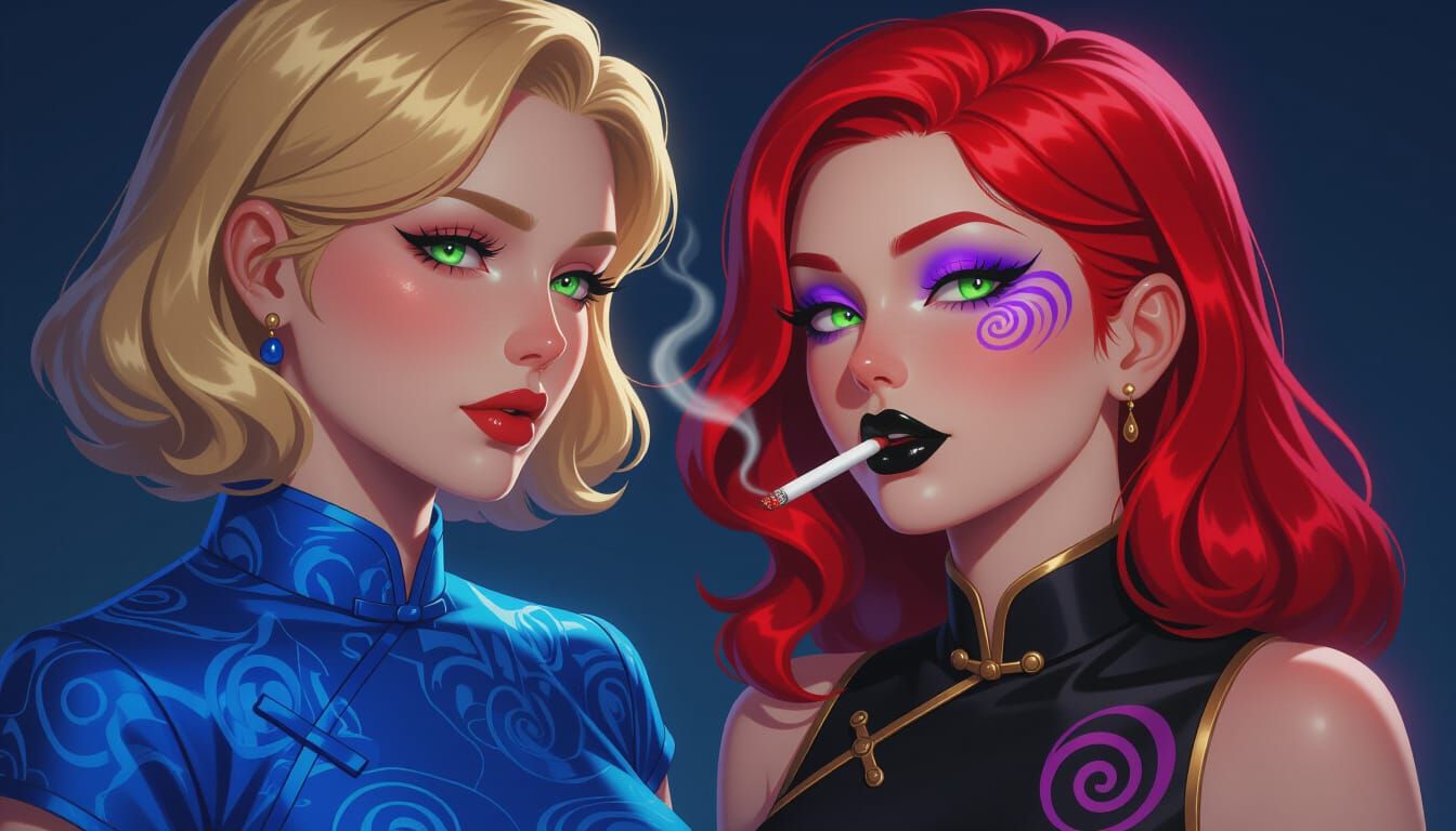 Two Women in Cyberpunk Style with Dramatic Lighting