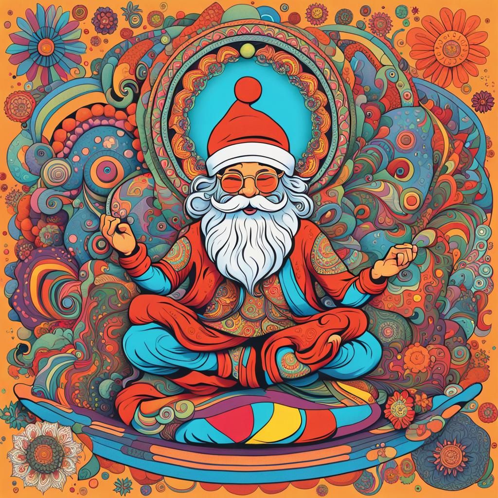 Santa and Hippies Yoga Class in Psychedelic Style