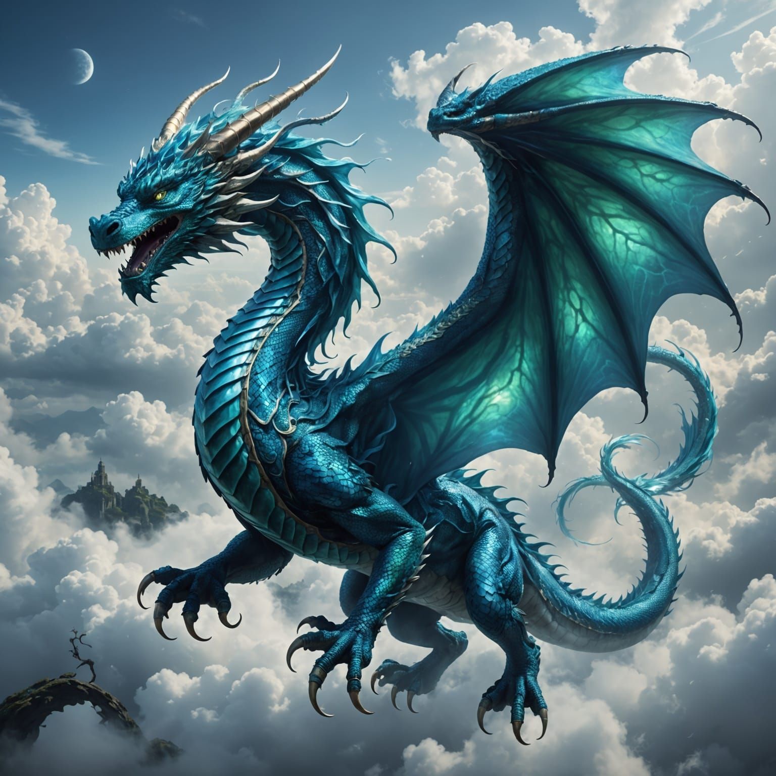Azure Dragon Soaring Through Misty Clouds in Digital Art