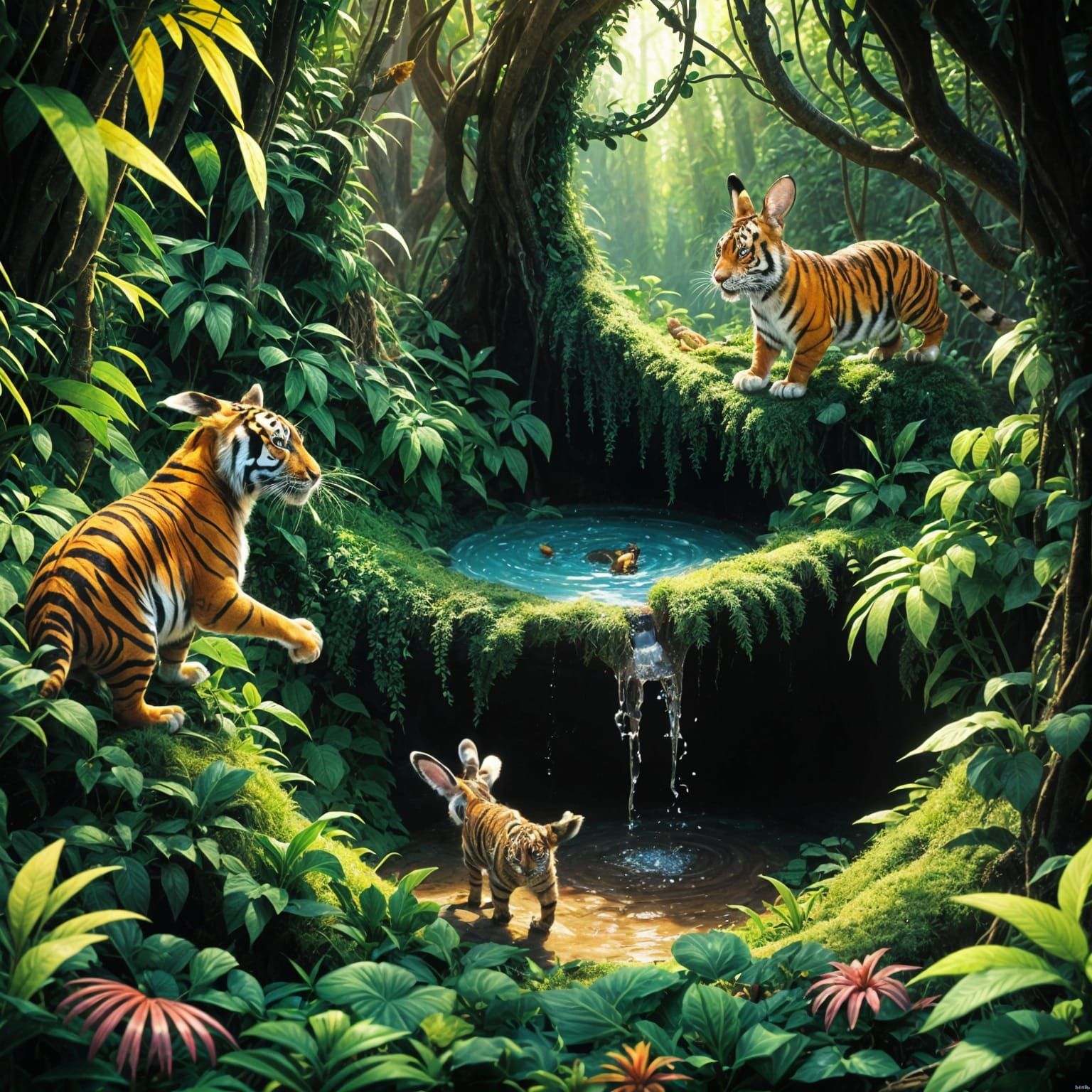 Rabbit Guides Tiger to Jungle Well: 3D Art