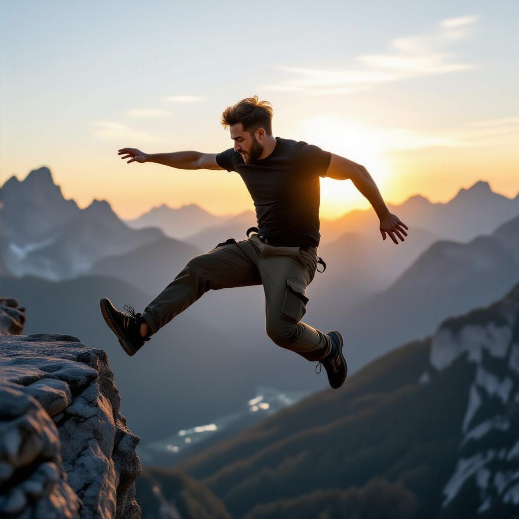 Man Jumps From Cliff in Hyper-Realistic Sunrise Scene