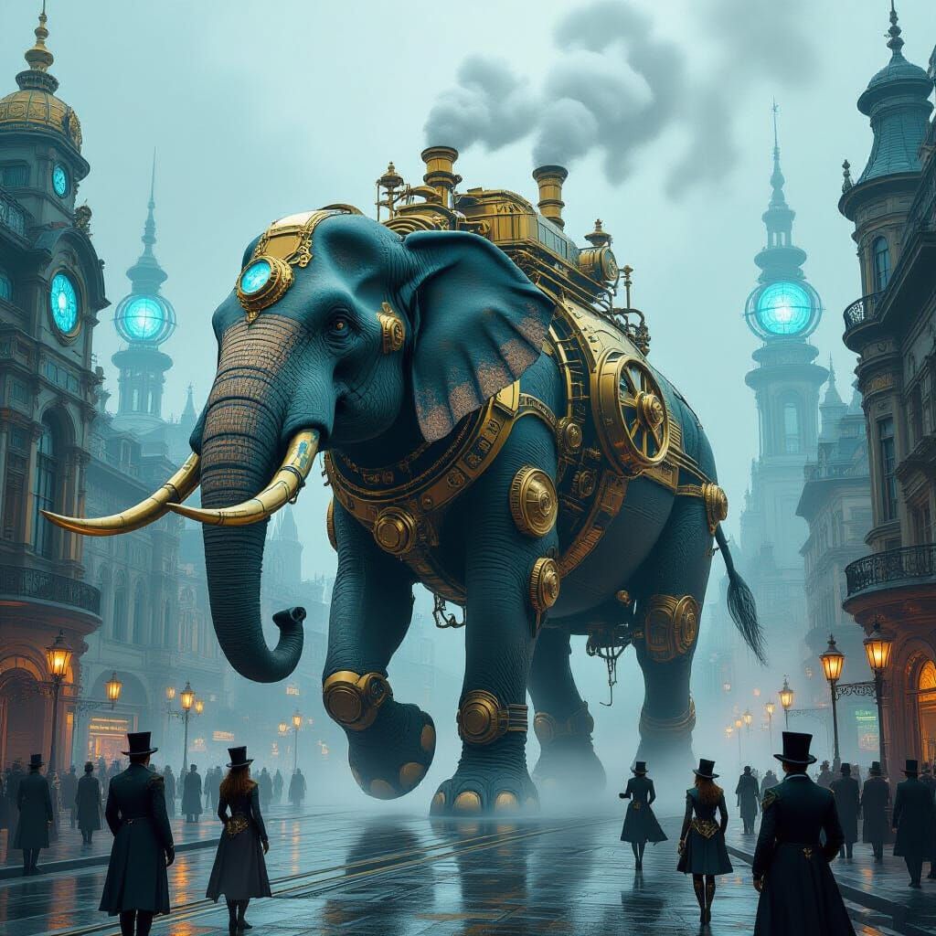 Clockwork Elephant Parade in Steampunk Metropolis