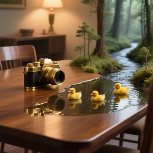 Elegant Camera on River Table in Hyperrealistic Style