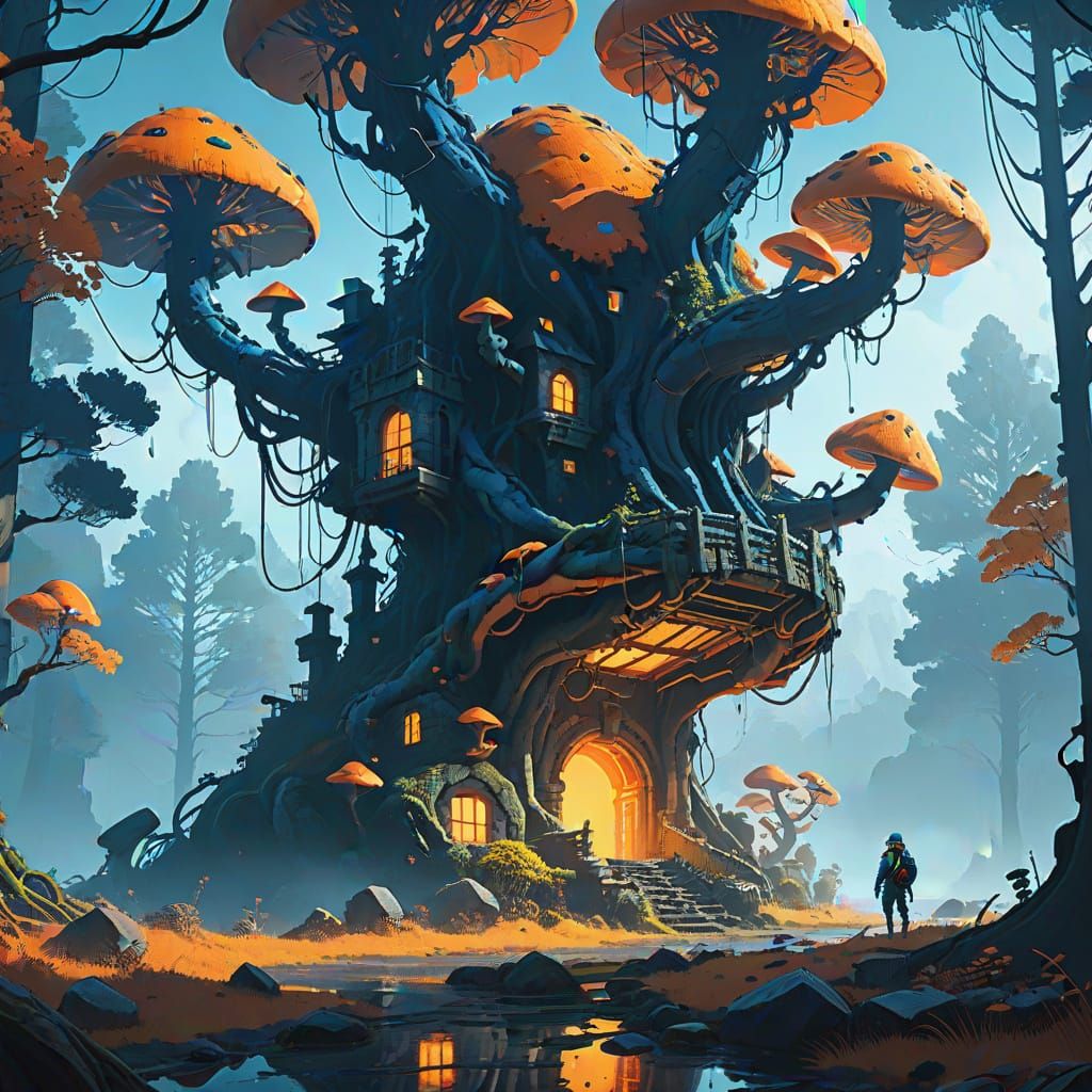 Fantasy Lavasioth Coils Around Ancient Ruin in Lush Forest