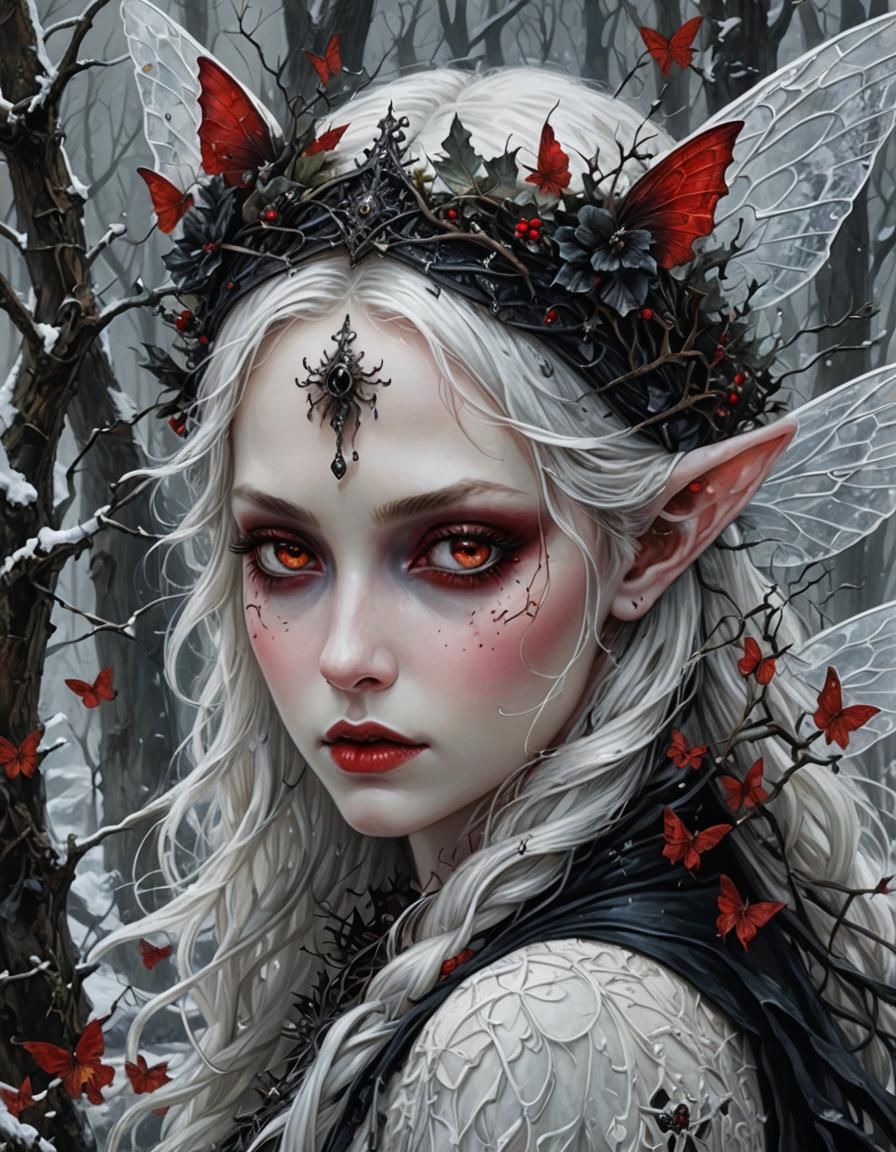Hyperdetailed Winter Fairy with Red Eyes