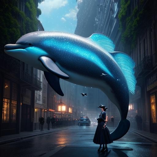 Lady and Giant Dolphin City: Picasso-esque Fantasy