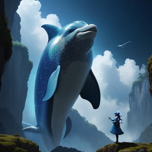 City with Giant Dolphin in Surrealist Style