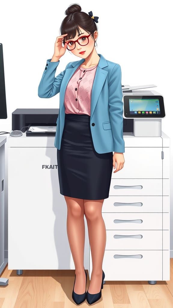 Frustrated Korean Secretary in Kawaii Style at Work