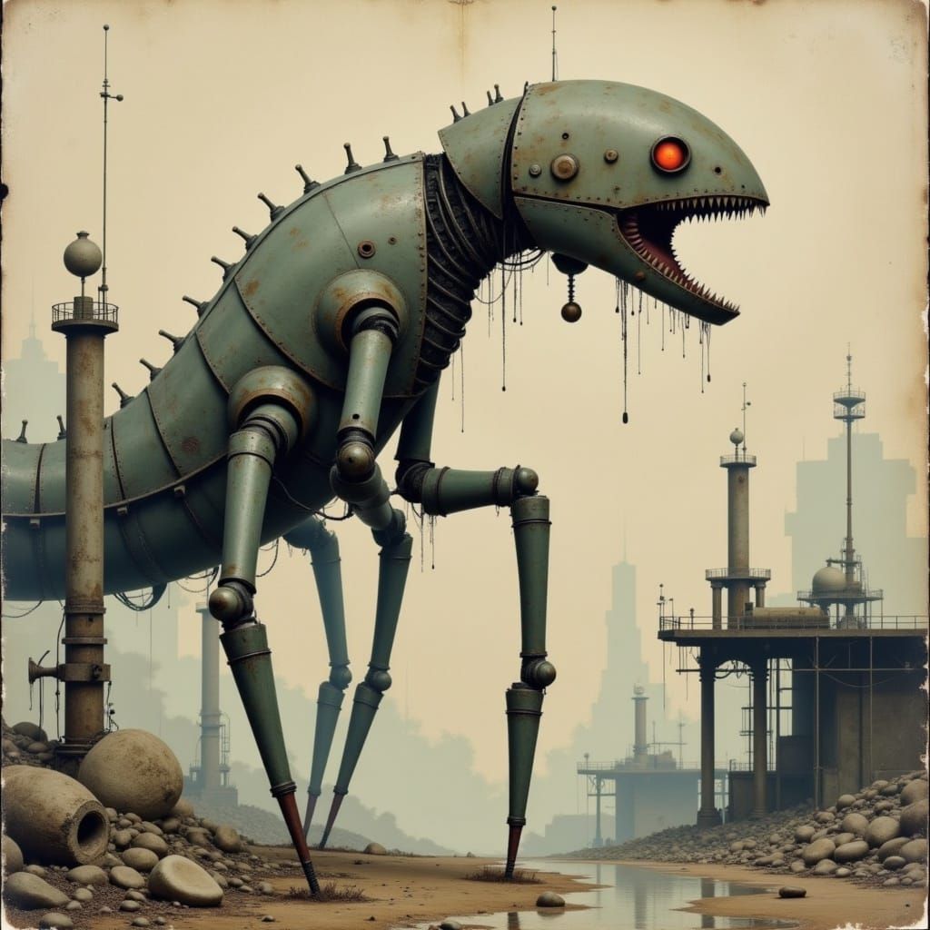 Industrial Surrealist Robot Emerge from Post-Apocalyptic Haz...