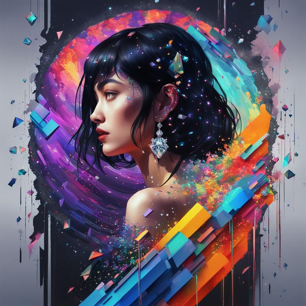 Glitch Art Portrait with Flowing Diamonds