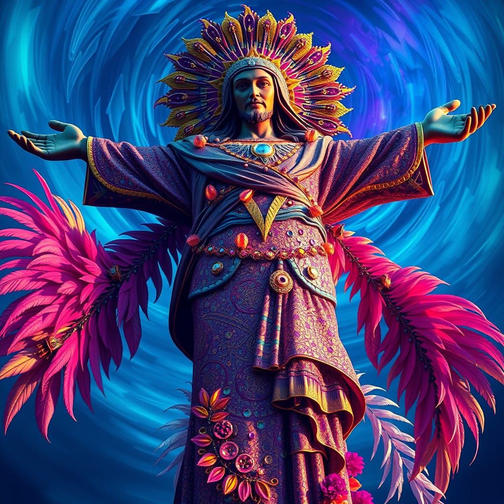 Vibrant Christ of the Hill Statue in Rio Carnival Finery