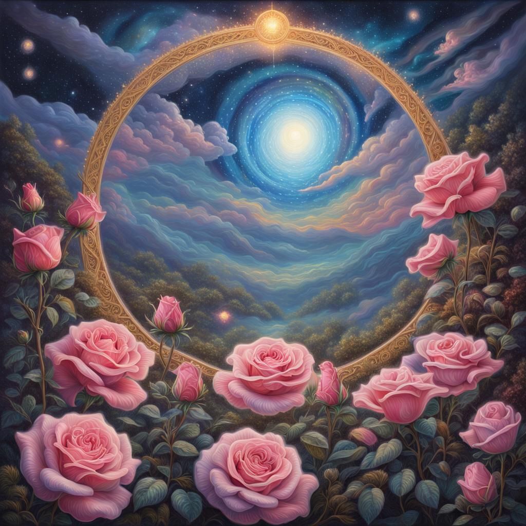 Astral Rose in Night Sky: Holographic Illustration