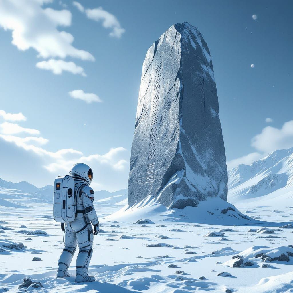 Astronaut and Ancient Monolith on Snowy Planet
