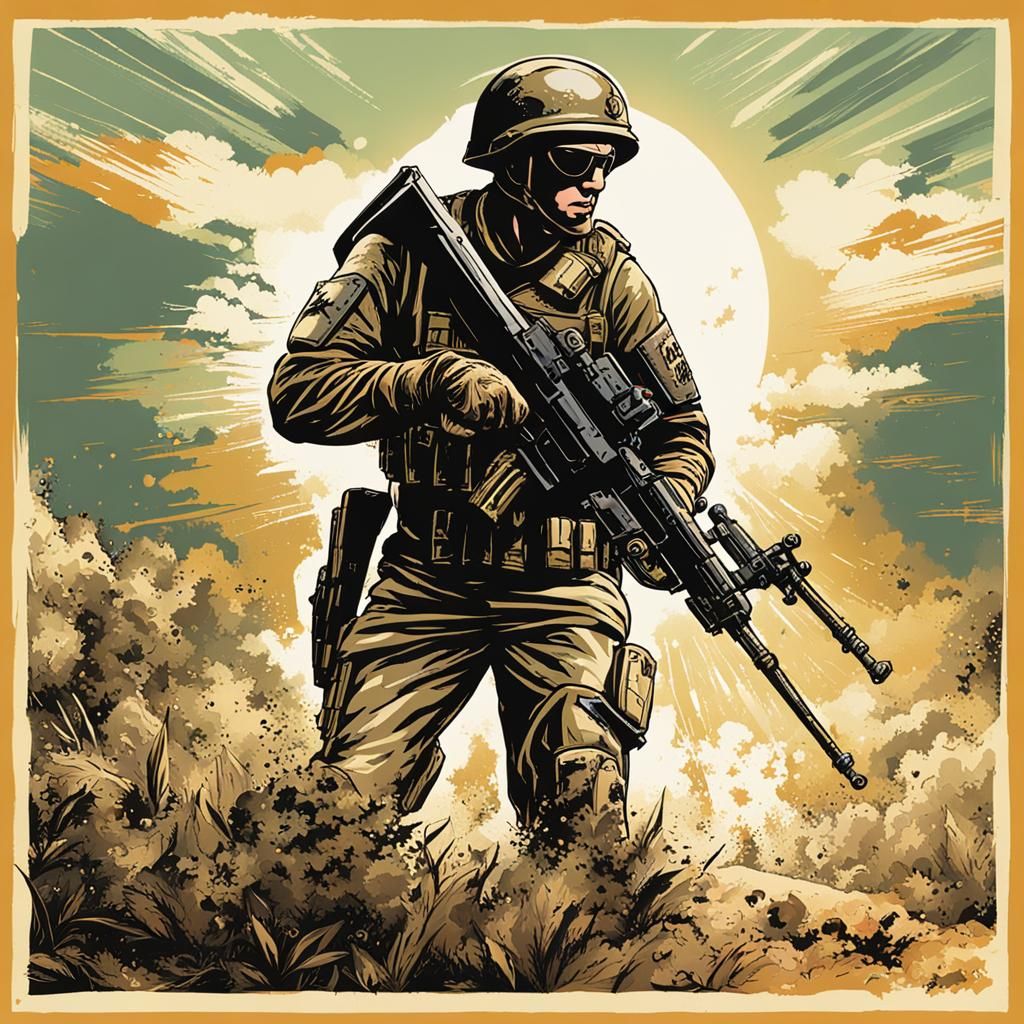 Soldier Strikes Sun with Sword and Gun