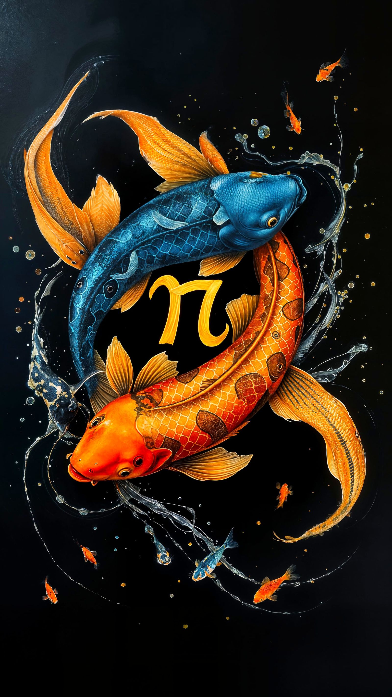 Duality of Motion: Dark Blue and Orange-Gold Koi Fish in Har...