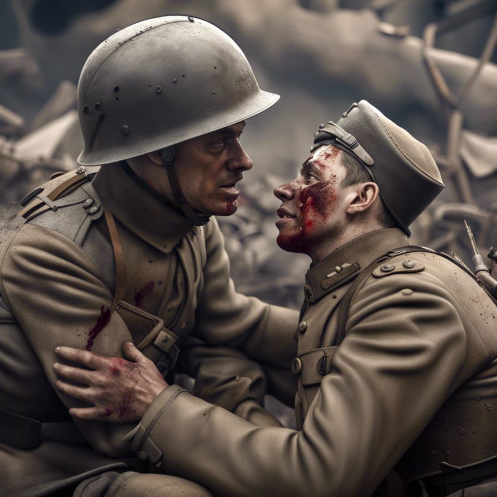 WWI Soldier Comforted in Post-Apocalyptic Landscape